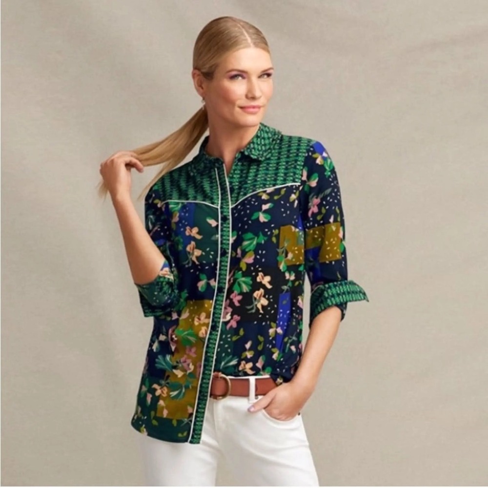 Cabi Bronco Patchwork Blouse Women Sz Small Green Floral Western Button Up 5520
